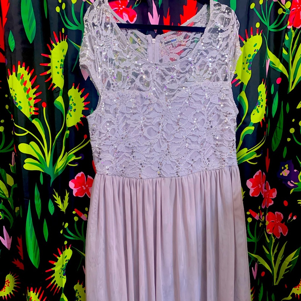 Grey silver lace mesh sequin cap sleeve cocktail skater  empire waist dress 2x
